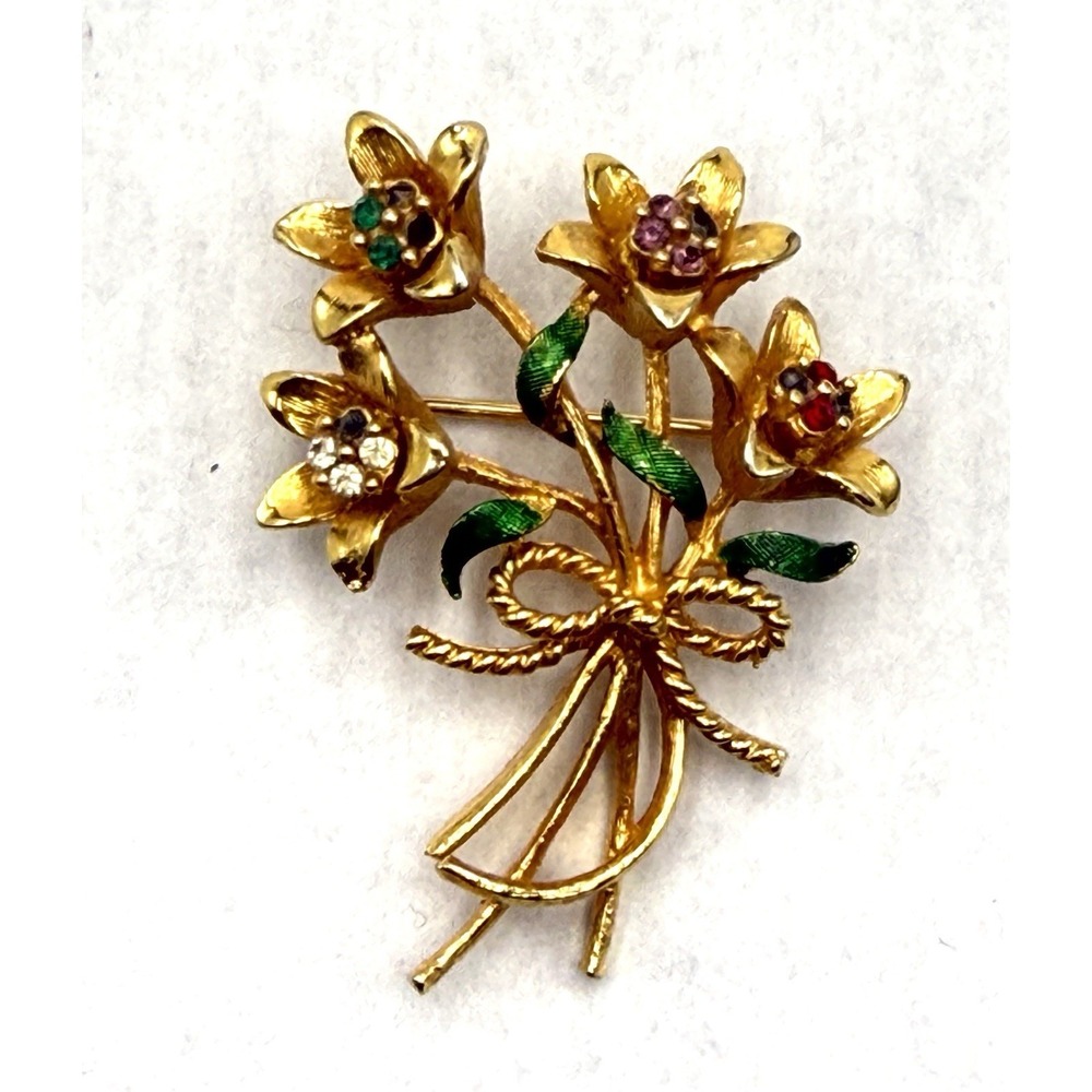 Vintage Corel Flower Bouquet Brooch Gold Tone Rhinestone‎ Enamel READ